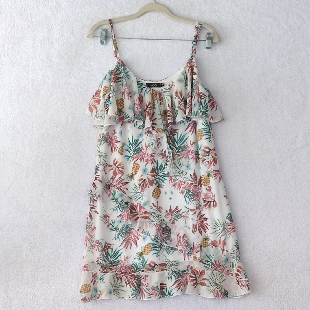 VOG Junior's Ruffle Tropical Pineapple Chiffon Midi Dress‎ Size M